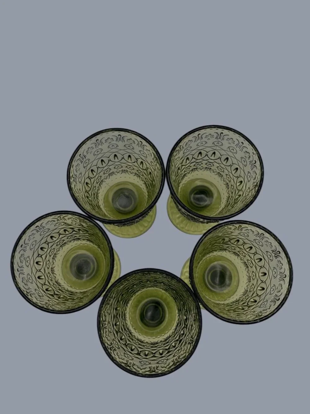 Vintage Olive Green Embossed Goblets – Retro Pressed Glass Wine Glasses